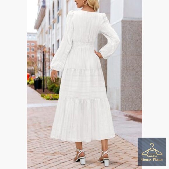 Long Sleeve V-Neck Tiered Cotton Maxi Dress with Pockets - Picture 3 of 7